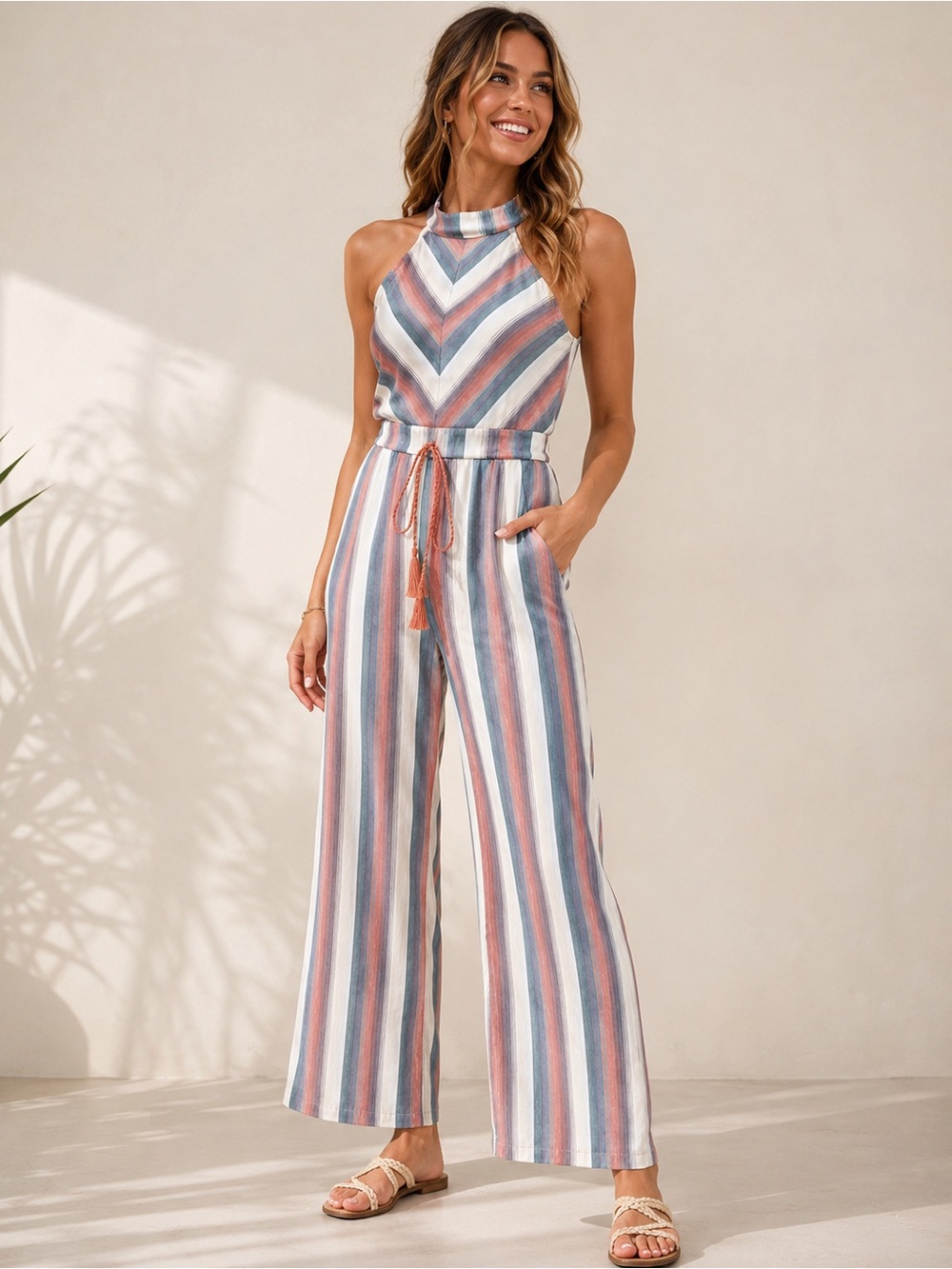 Crystal Sky Women’s Striped Halter Jumpsuit Size 6 – Back Zip, Summer